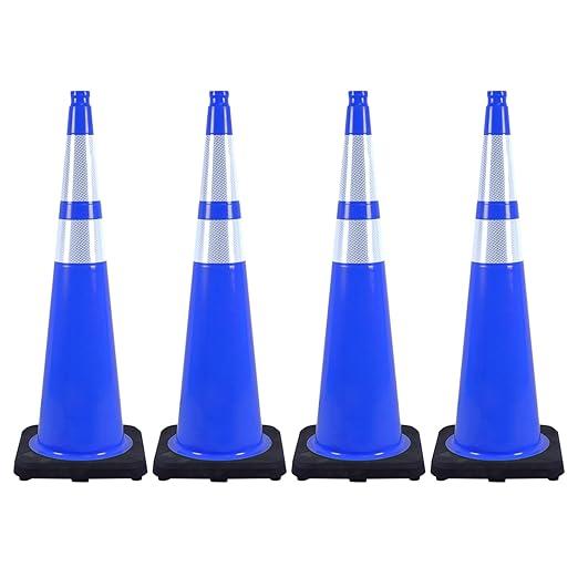 4 Pack 36 Inch Blue Traffic Cones Black Base, Tall Durable Safety Cones by OranclUS