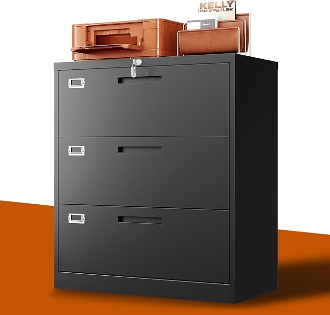 Lateral File Cabinet with Lock, Metal Filing Cabinet with 3 Drawer, Steel by BYNSOE