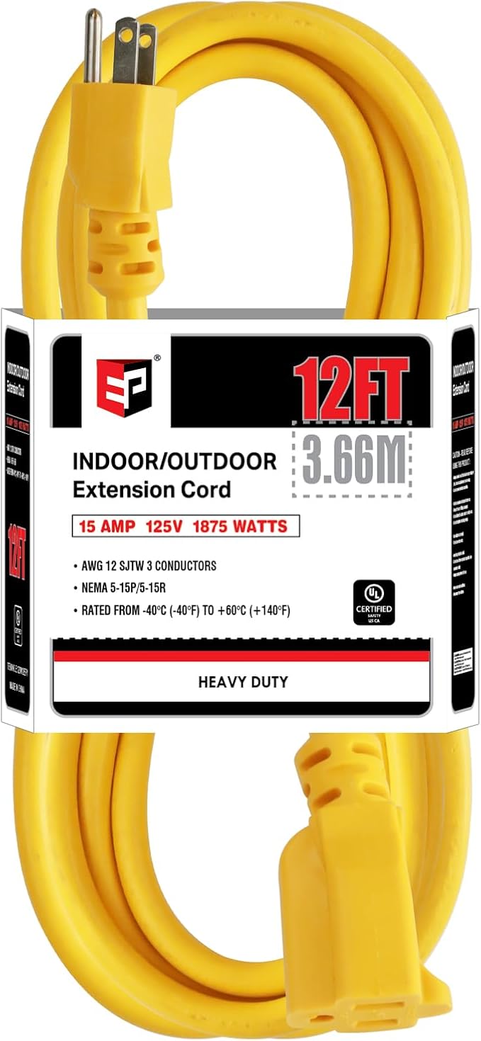 EP 12 Ft Outdoor Extension Cord, 12/3 SJTW Heavy Duty Extension Cable by ENERGYPRO
