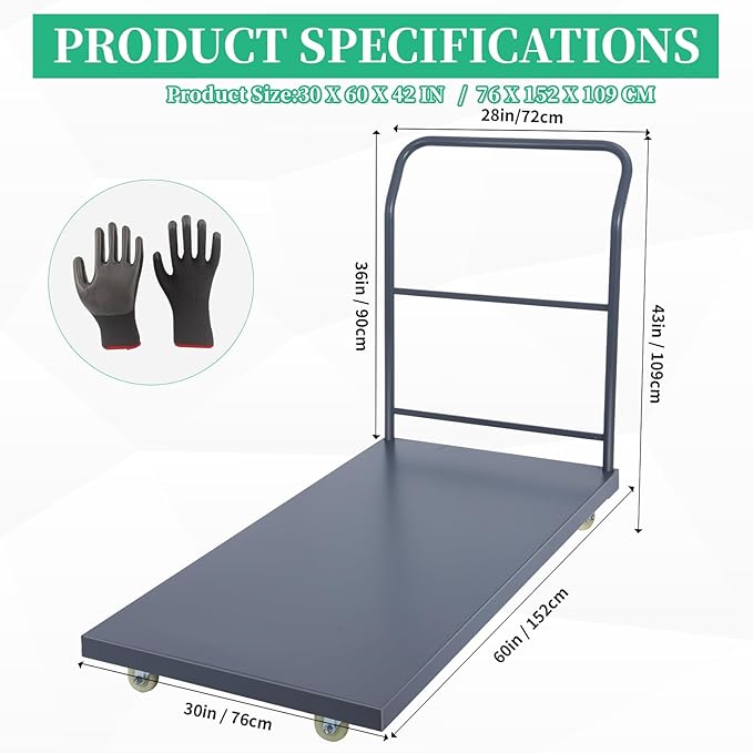 Heavy Duty Flatbed Cart 60"x30" Platform Truck, 2000 lbs Capacity Steel Hand - Image 2