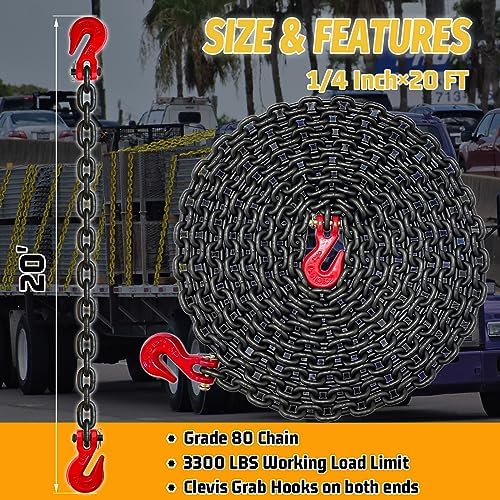 G80 Transport Binder Chain|1/4"×20 FT Heavy Duty Chain Wll 3300 Lbs Break Strength for Towing|Log Trailer Safety Chains with Grab Hooks for Transporting|Tie Down Binding Equipment(Oiled) - Image 2