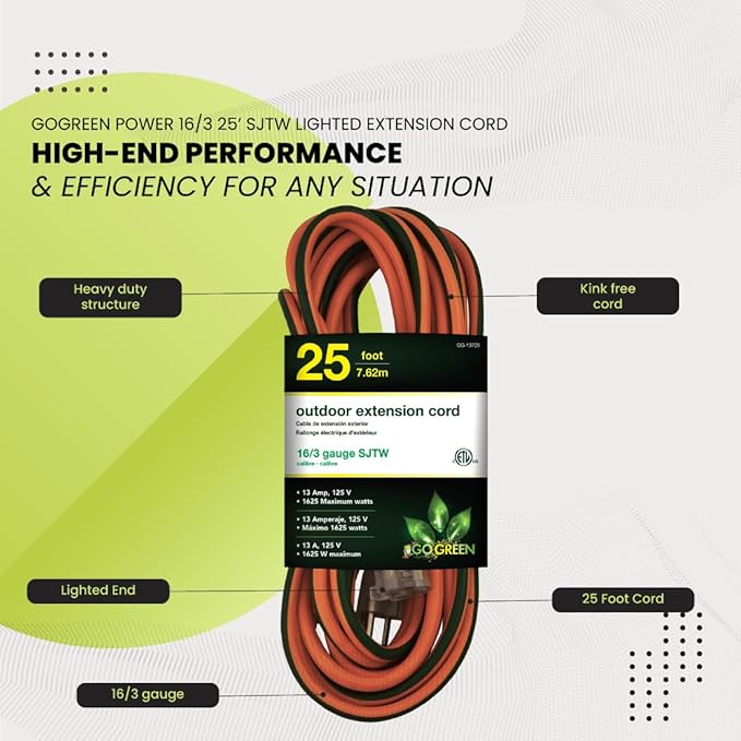 Go Green Power Inc. 16/3 25ft Outdoor Extension Cord - Image 5