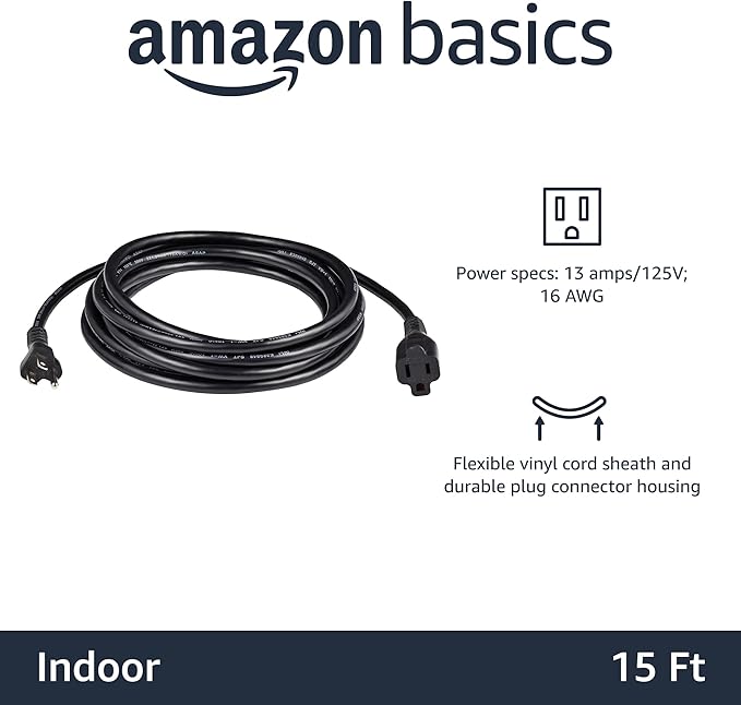 Amazon Basics Extension Cord, 15 Ft, 3 Prong Outlet Extender, Indoor Extension - Image 2