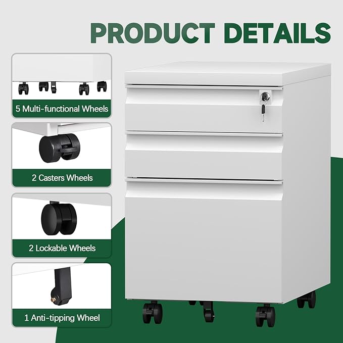 3 Drawer File Cabinet on Wheels, 25.6" H White Filing Cabinet - Image 4