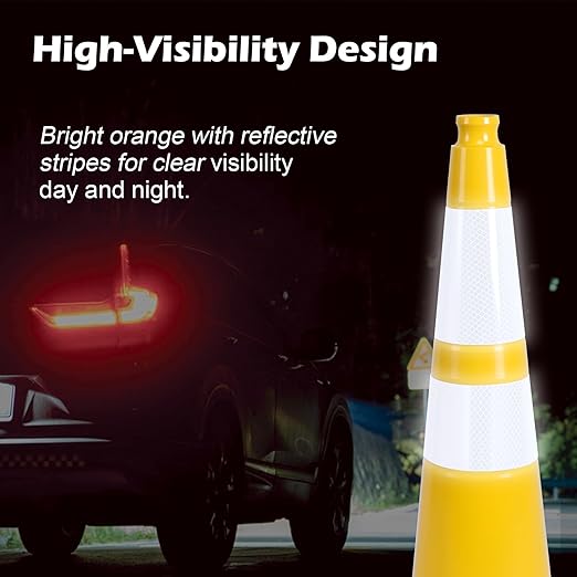 4 Pack 28 Inch Yellow PVC Traffic Cones Black Base Stable Flexible, Road Safety - Image 4