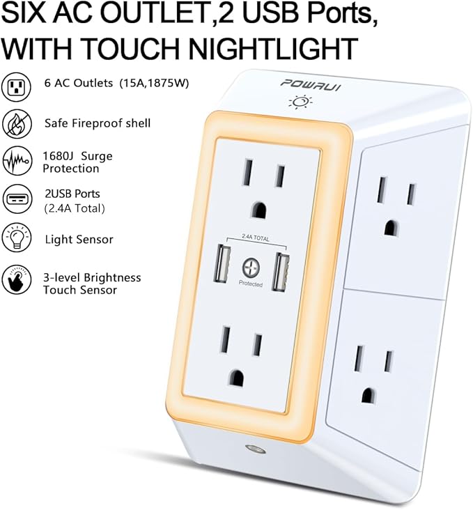 USB Wall Charger, Surge Protector, POWRUI 6-Outlet Extender - Image 2