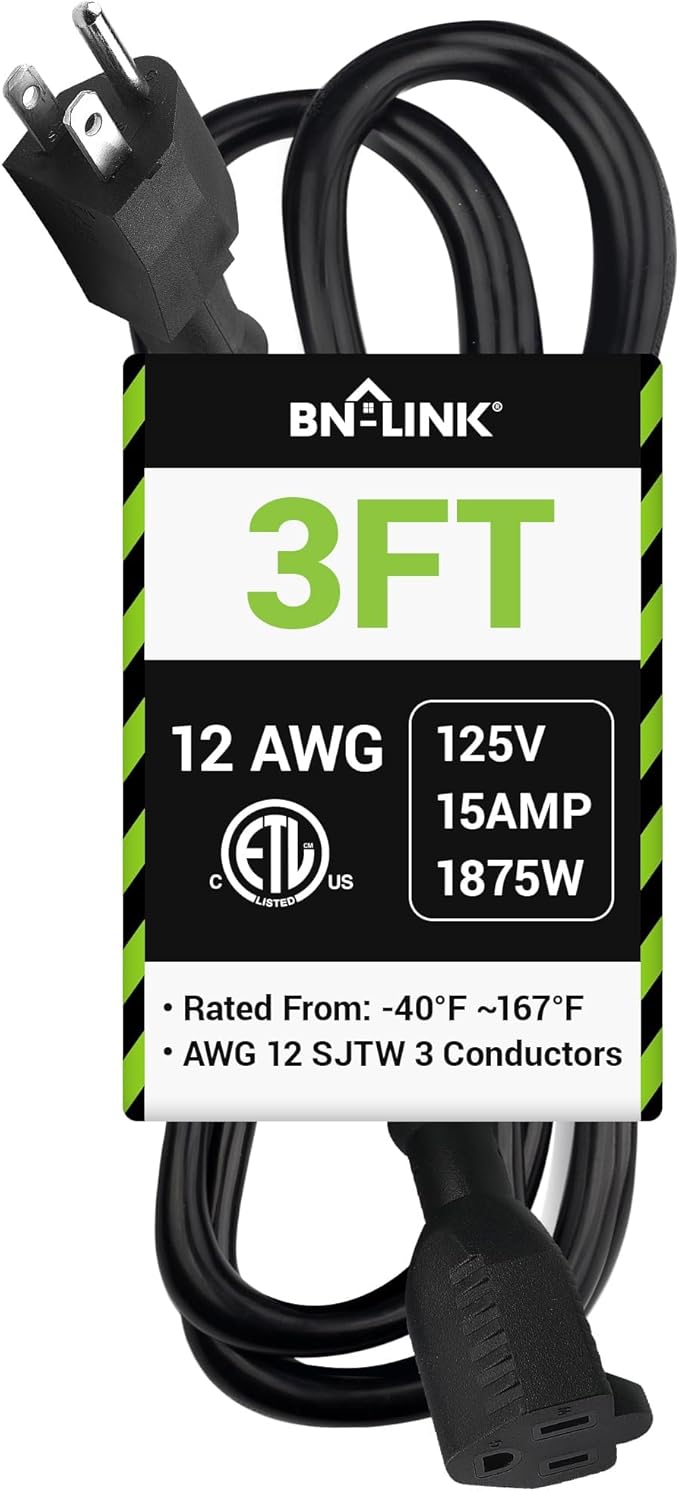 BN-LINK 3ft Outdoor Extension Cord, 12/3 SJTW Heavy Duty Power Cord, 3-Prong by BN-LINK