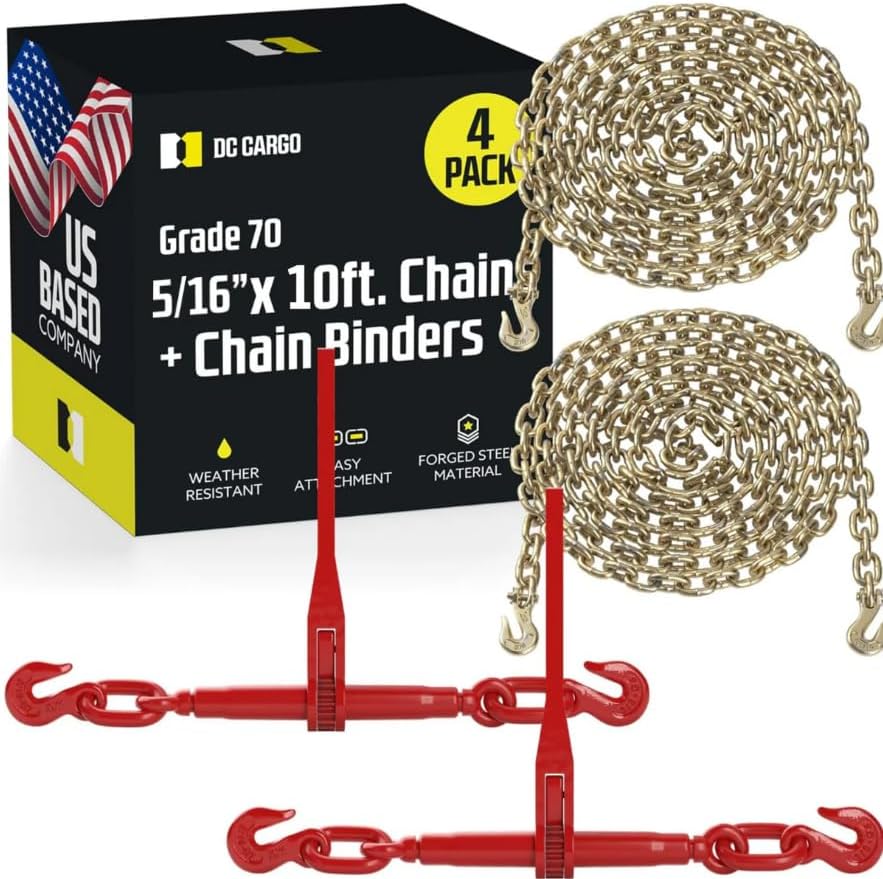 DC Cargo Chain Binder Kit (2 Sets) | 5/16" Grade 70 Extra Long 10 Foot Chain - and Load Binder Set | Heavy Duty Ratcheting Chain and Binder | Load Chain and Binders – 4,700lb Working Load Limit As Set by DCCargo