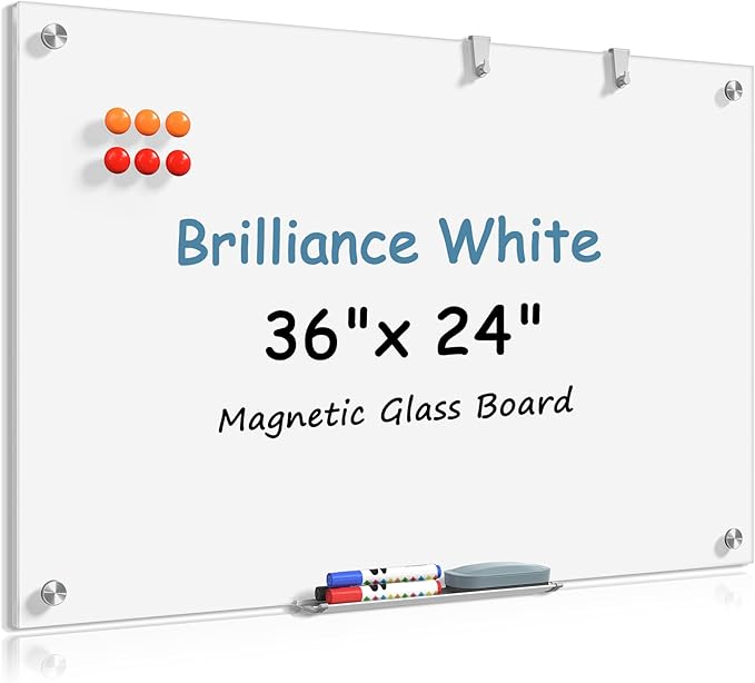 MaxGear Glass White Board 36x24 Inches Brilliance White Magnetic Dry Erase by MaxGear