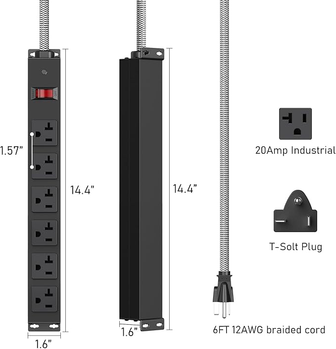 HEZI 20 Amp Power Strip with 5-20P/T- Plug, Heavy Duty High Amp Metal Surge - Image 7
