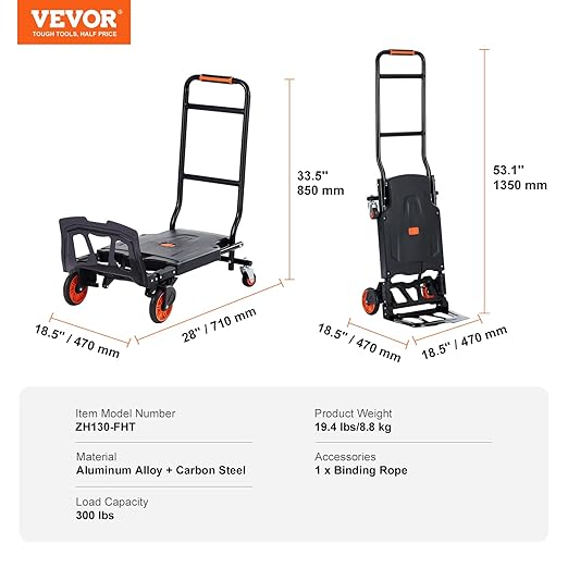 VEVOR Aluminum Folding Hand Truck, 2 in 1 Design 300 Lbs Capacity, Heavy Duty - Image 8