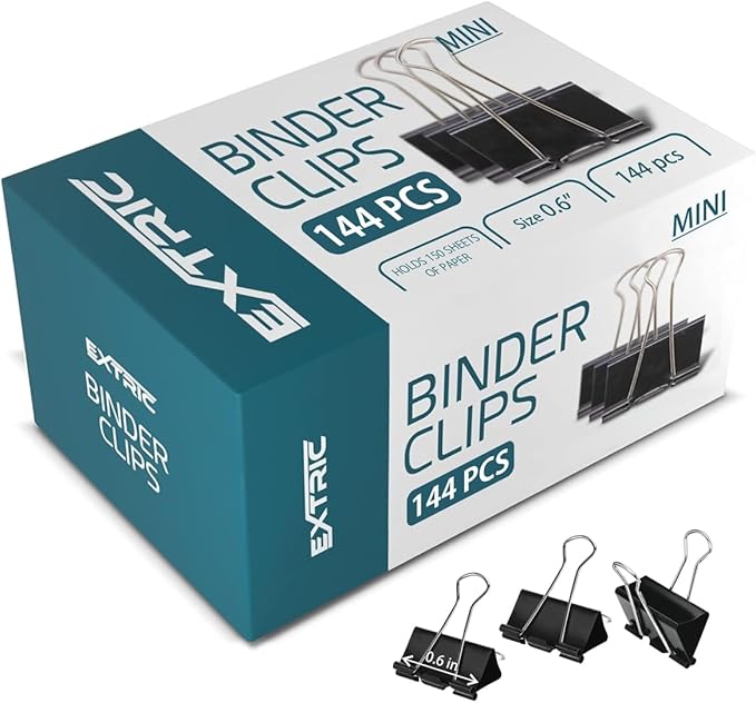 Binder Clips - 144 Mini Binder Clips, 0.6 Inch Black Paper Clamps, File Clip by EXTRIC