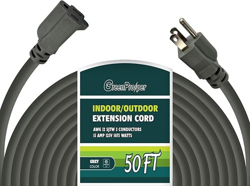 12 Gauge Indoor Outdoor Heavy Duty Grey Extension Cord50 FT, 12 AWG SJTW by GreenProsper