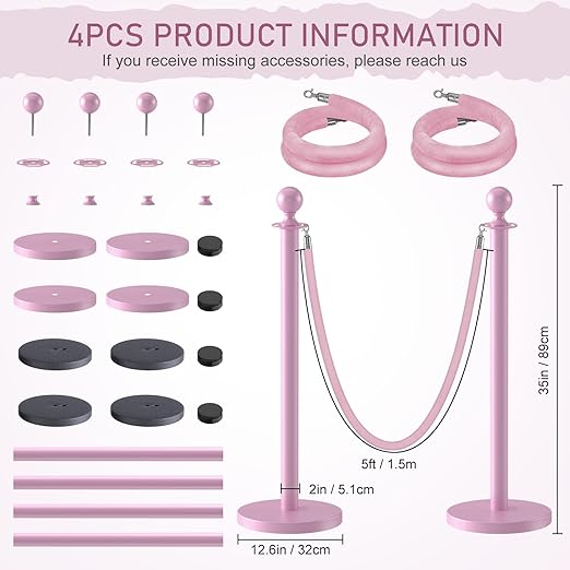 kaiyomi 4Pcs Stanchions with Pink Velvet Ropes Set, 5 Feet Velvet Ropes and - Image 2