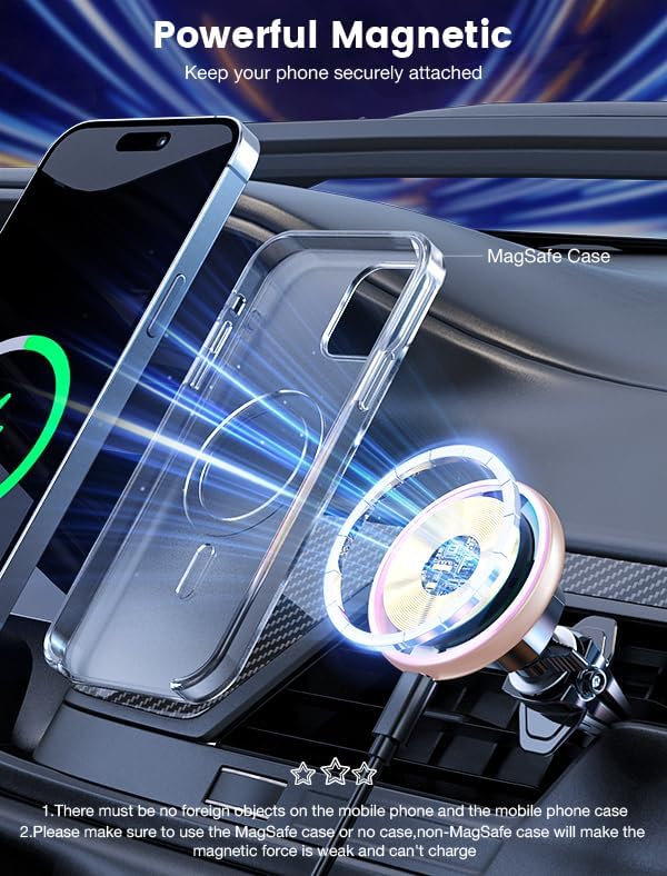 for Magsafe Car Mount Charger 15W LED RGB Car Phone Holder for Dash Vent - Image 6