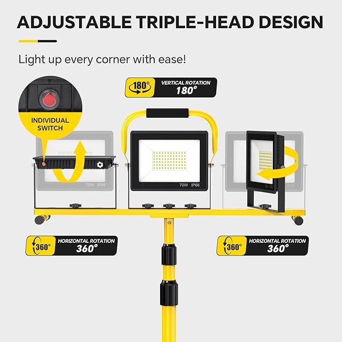 LED Work Lights with Stand: 3 Head Adjustable Work Light with Individual Switch - Image 5