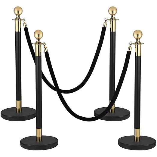 4 PCS Stainless Steel Stanchion Post, 5 Ft Black Velvet Ropes and Stanchion by Yeatruojeet