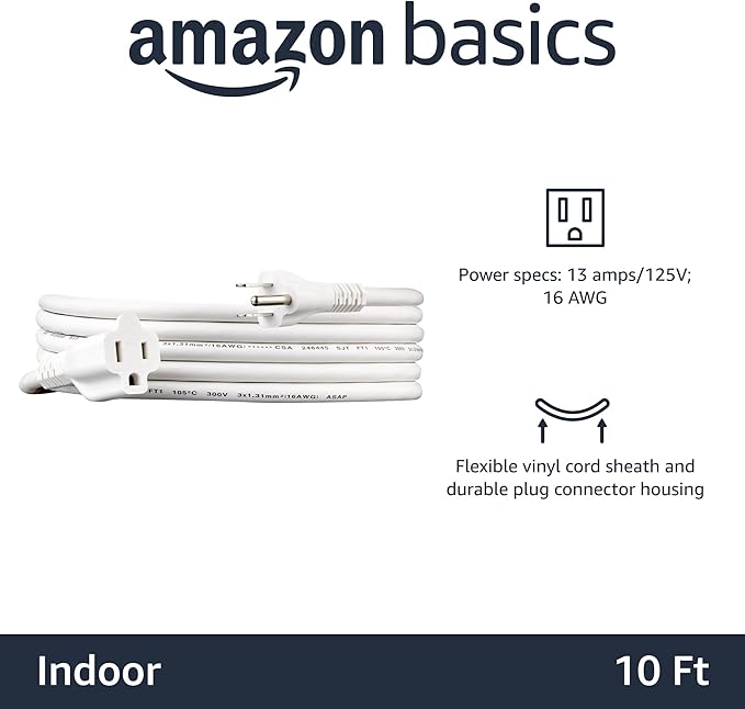 Amazon Basics Extension Cord, 10 Ft, 3 Prong Outlet Extender, Indoor Extension - Image 2