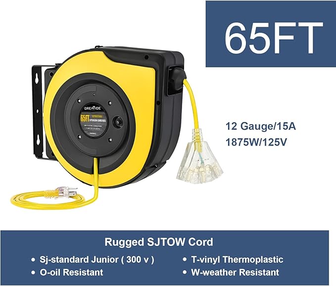 Retractable Extension Cord Reel, 65 Feet 12 AWG/3C SJTOW Heavy Duty Power Cord - Image 2