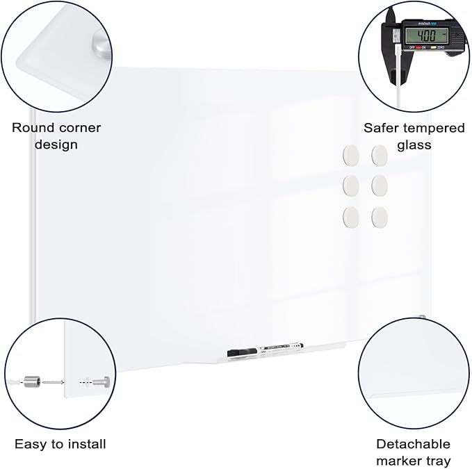 Magnetic Glass Whiteboard, Large Frameless White Board - Image 3