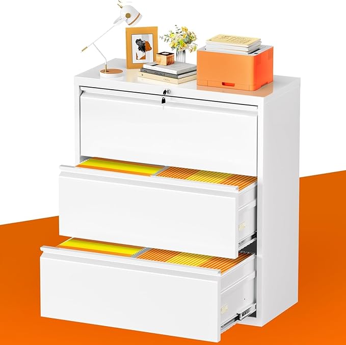 INTERGREAT 3-Drawer White File Cabinet, Locking Metal Lateral Filing Cabinets - Image 3