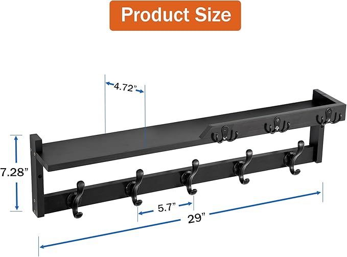 29'' Coat Rack Wall Mount with Shelf, Coat Hanger Wall Mount with Key Hooks and - Image 6