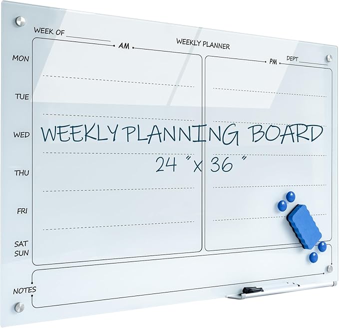 Magnetic Planner Writeboard 24"X36" Weekly Glass Calendar Ultra White by YoupuStationery