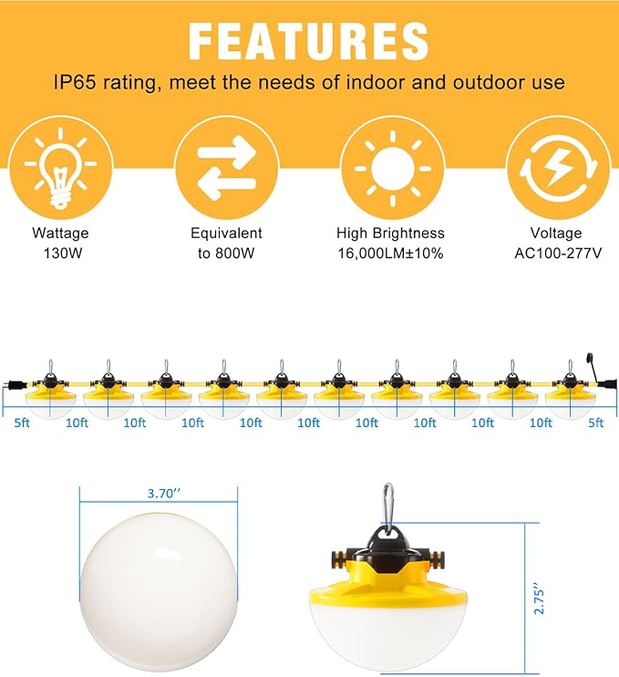 100FT Construction String Light 130W 16000Lm, 5000K Industrial Grade LED String - Image 6