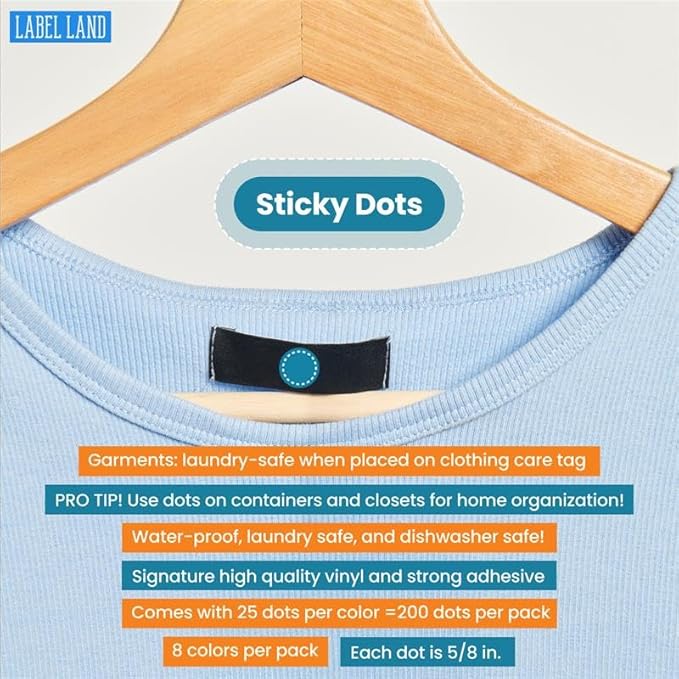 Clothing Labels, Color Coded Dots, Stick-On Dots, 8 Colors, 25 of Each Color - Image 2