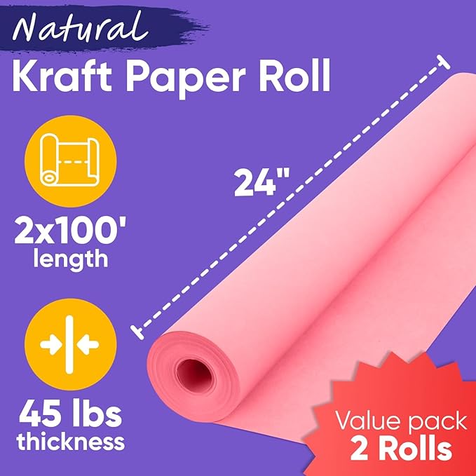 24" x 1200" Pink Kraft Paper Roll, 45 lbs Thickness, Made in USA Colored Craft - Image 3