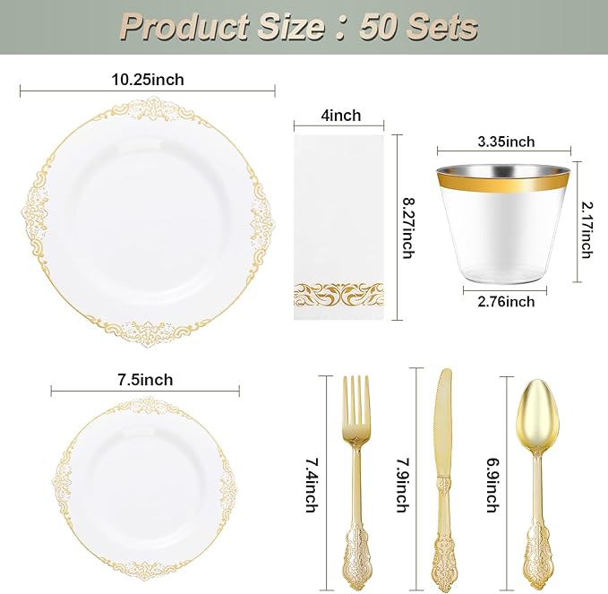 350PCS White and Gold Plastic Plates - Image 2