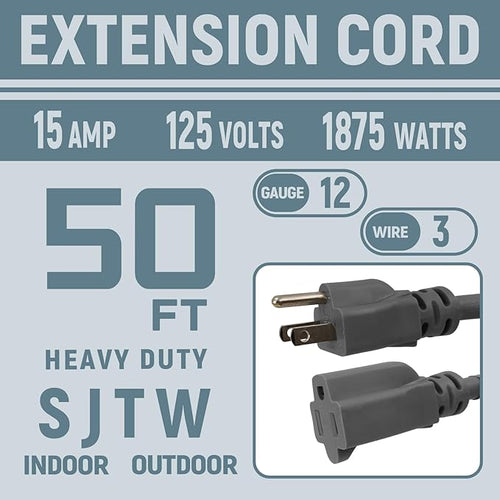 12 Gauge Indoor Outdoor Heavy Duty Grey Extension Cord50 FT, 12 AWG SJTW - Image 2