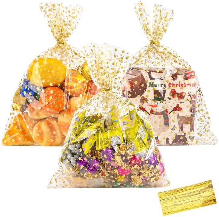 COQOFA Clear Cellophane Treat Bags - 12"x16", 50 pcs, Gold for Birthday, Wedding, Party by COQOFA