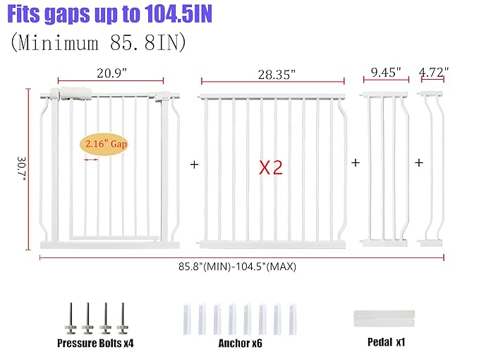 Extra Wide Baby Gate 85.8-104.5 Inch, Pressure Mounted No Drilling, - Image 2