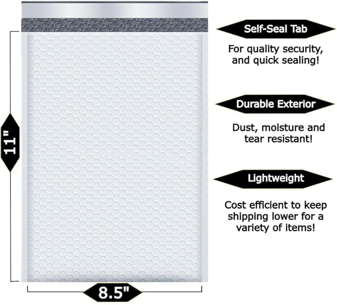 50-Pack 8.5x11" Bubble Mailers White Poly Padded #2 Envelopes Self Seal - Image 2