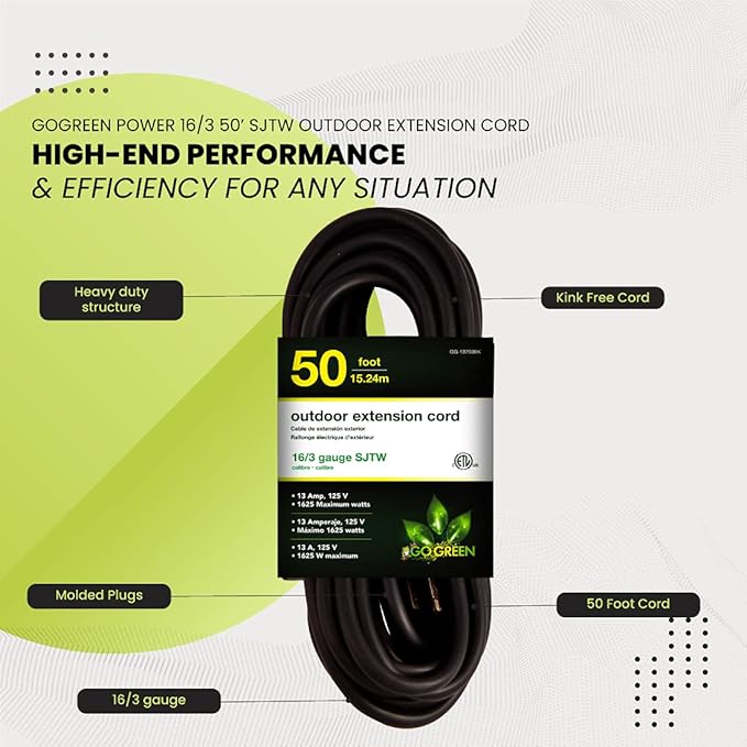 Go Green Power Inc. 16/3 50ft Black Outdoor Extension Cord - Image 5