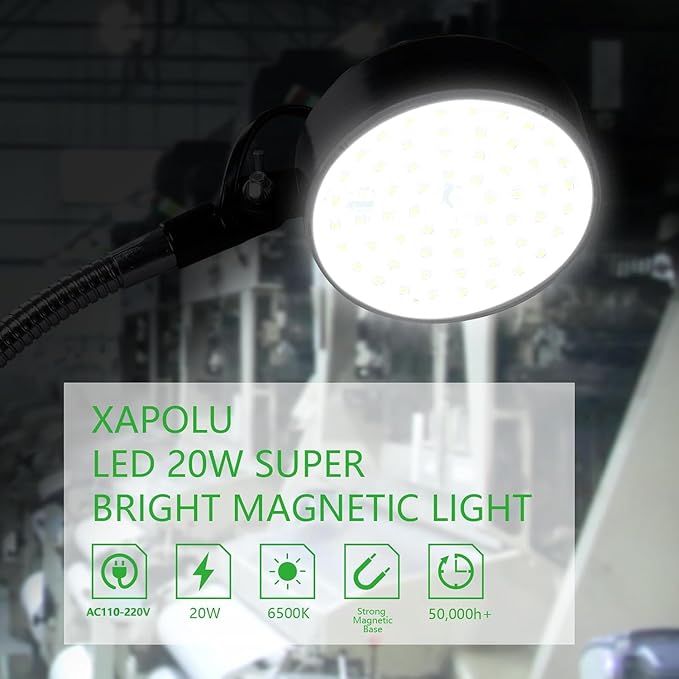 LED Magnetic Work Light with Flexible Gooseneck, 20W 2000 Lumens 6500K 110V US - Image 2