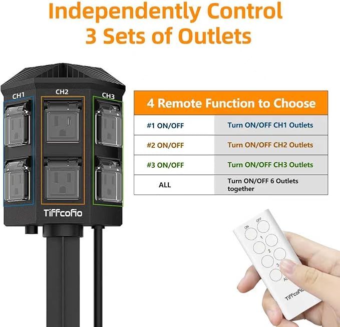 Tiffcofio Outdoor Remote Control Power Strip, 15FT Extension Cord Waterproof - Image 3