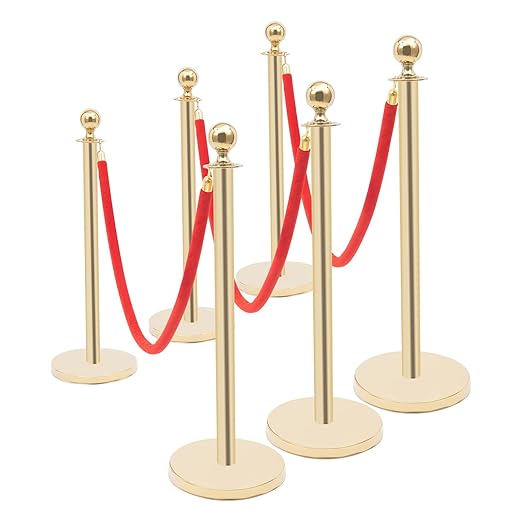 6 Pcs Stanchions with Red Velvet Ropes Set, 4 Red Velvet Ropes and 6 Posts Poles by Unknown