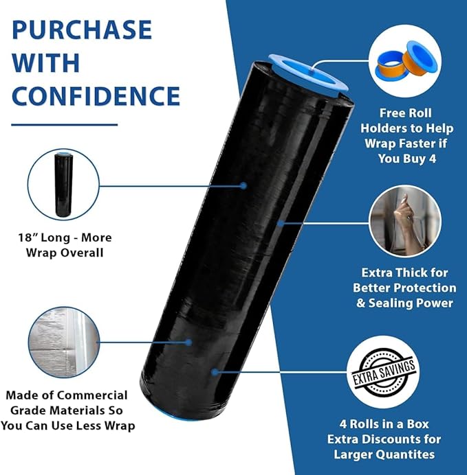 4 Rolls x 18 Inch x 1500 FT x 80 Gauge Black Premium Stretch Wrap, Heavy Duty - Image 3