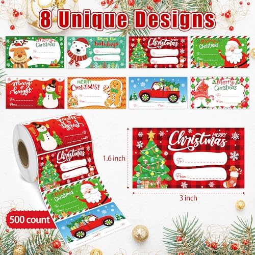 500 PCS Christmas Gift Tags,Christmas Name Tags Stickers Roll, Self-Adhesive Christmas Labels for Presents, Gift Bags, Boxes, Xmas Holiday Wrapping Paper Christmas Decorations - Image 2