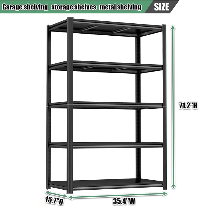 72" H Storage Shelves 3000LBS Garage Shelving Heavy Duty 5 Tier Metal Shelving - Image 2