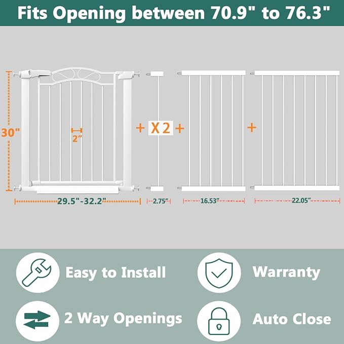 Fairy Baby 70.9"-76.3" Extra Wide Baby Gate, Pressure Mounted Auto Close Child - Image 2