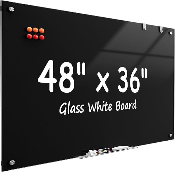 MaxGear Glass Whiteboard 48x36 Inches Wall Mounted, Magnetic Black Dry Erase by MaxGear