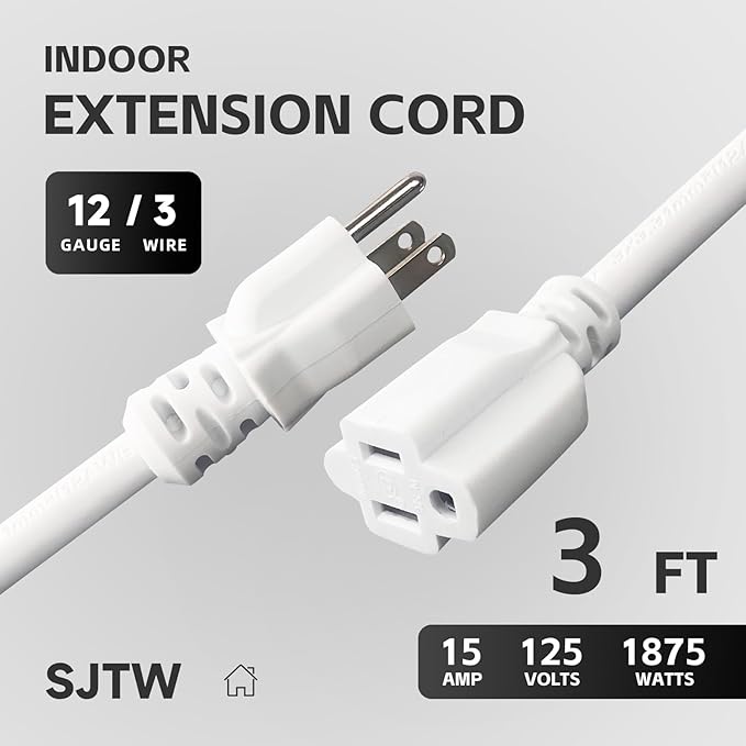 3 FT 12 Gauge Extension Cord Outdoor, Heavy Duty Weatherproof & Flame Retardant - Image 2