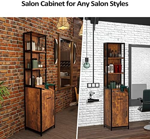 OmySalon Salon Station 3-Tier Storage Shelf, Barber Stations Beauty Spa Equipment Hair Styling Cabinet with 1 Drawer, 1 Storage Cabinet, 3 Hair Dryer Holders, Rustic Brown - Image 4