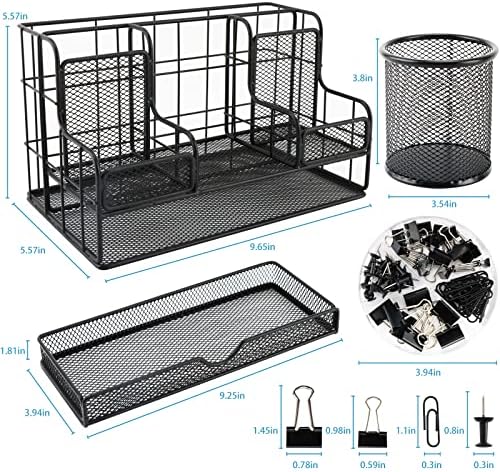 Desk Organizers Caddy and Accessories with 7 Compartments + Pen Holder / 72 Clips Set, Drawer, Black Mesh Office Supplies Desktop Organizer for Home, Office Ect - Image 5
