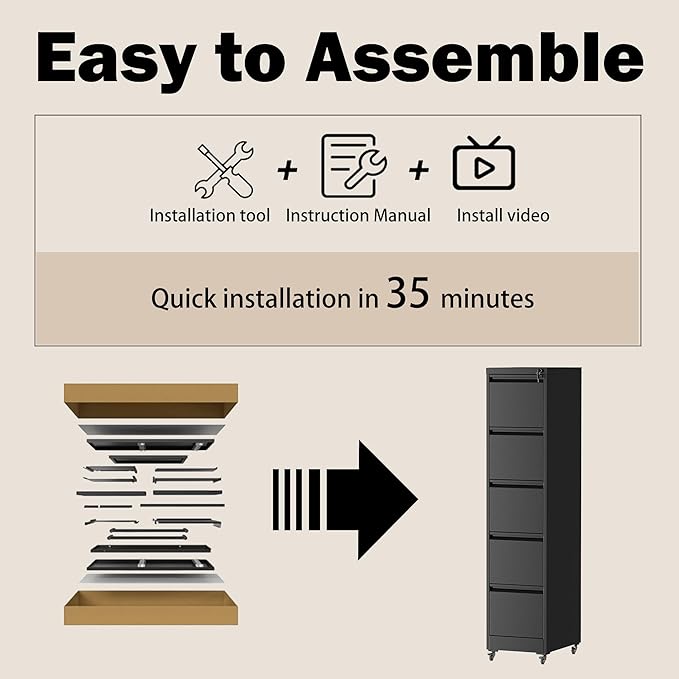 5 Drawers Filing Cabient with Wheel, File Cabinet with Lock, Steel Vertical - Image 7