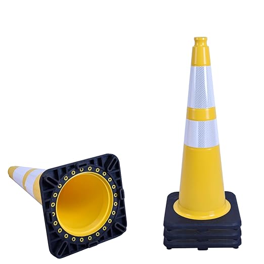 4 Pack 28 Inch Yellow PVC Traffic Cones Black Base Stable Flexible, Road Safety by OranclUS