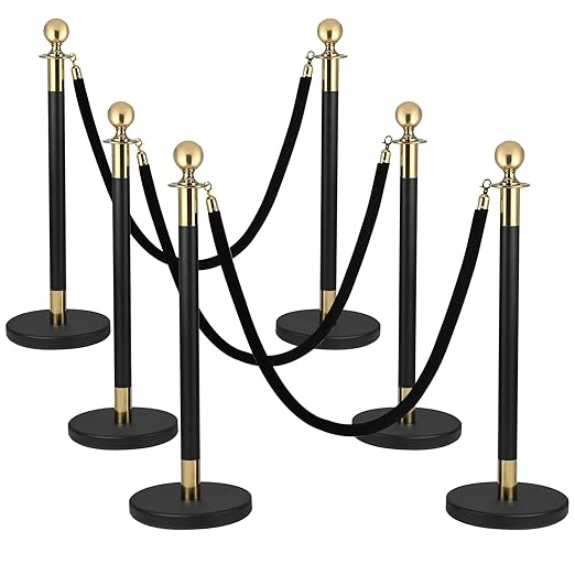 6PCS Black Gold Stanchions, Stanchions and Velvet Ropes 4PCS, Crowd Control by Berverra